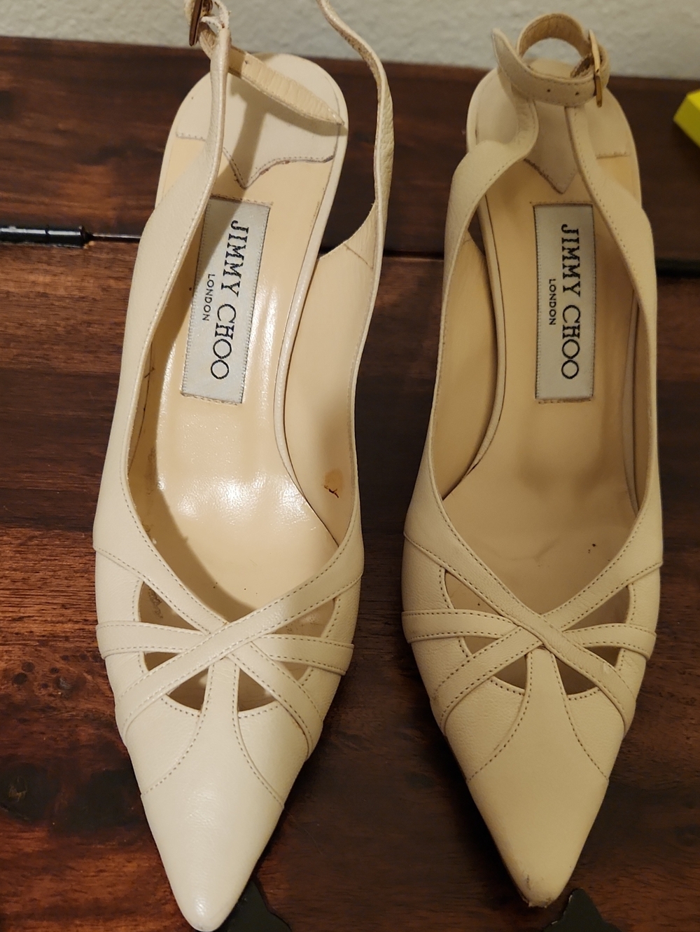 Vintage Jimmy Choo Cream Pointed Slingback Pumps with Cutout Straps